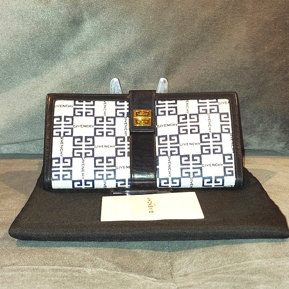GIVENCHY NAVY BLUE LEATHER & WHITE PVC BI-FOLD SECRETARY LONG WALLET & DUSTBAG